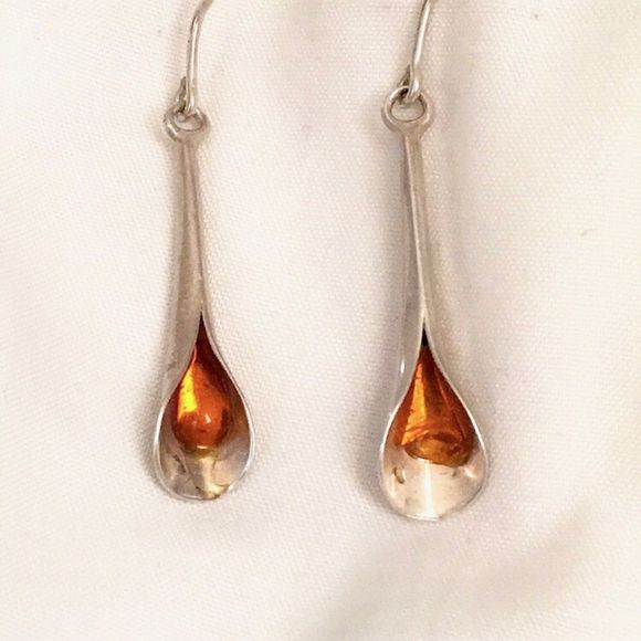 VINTAGE Sterling Silver Amber Drop Dangle Earrings - Picture 5 of 6